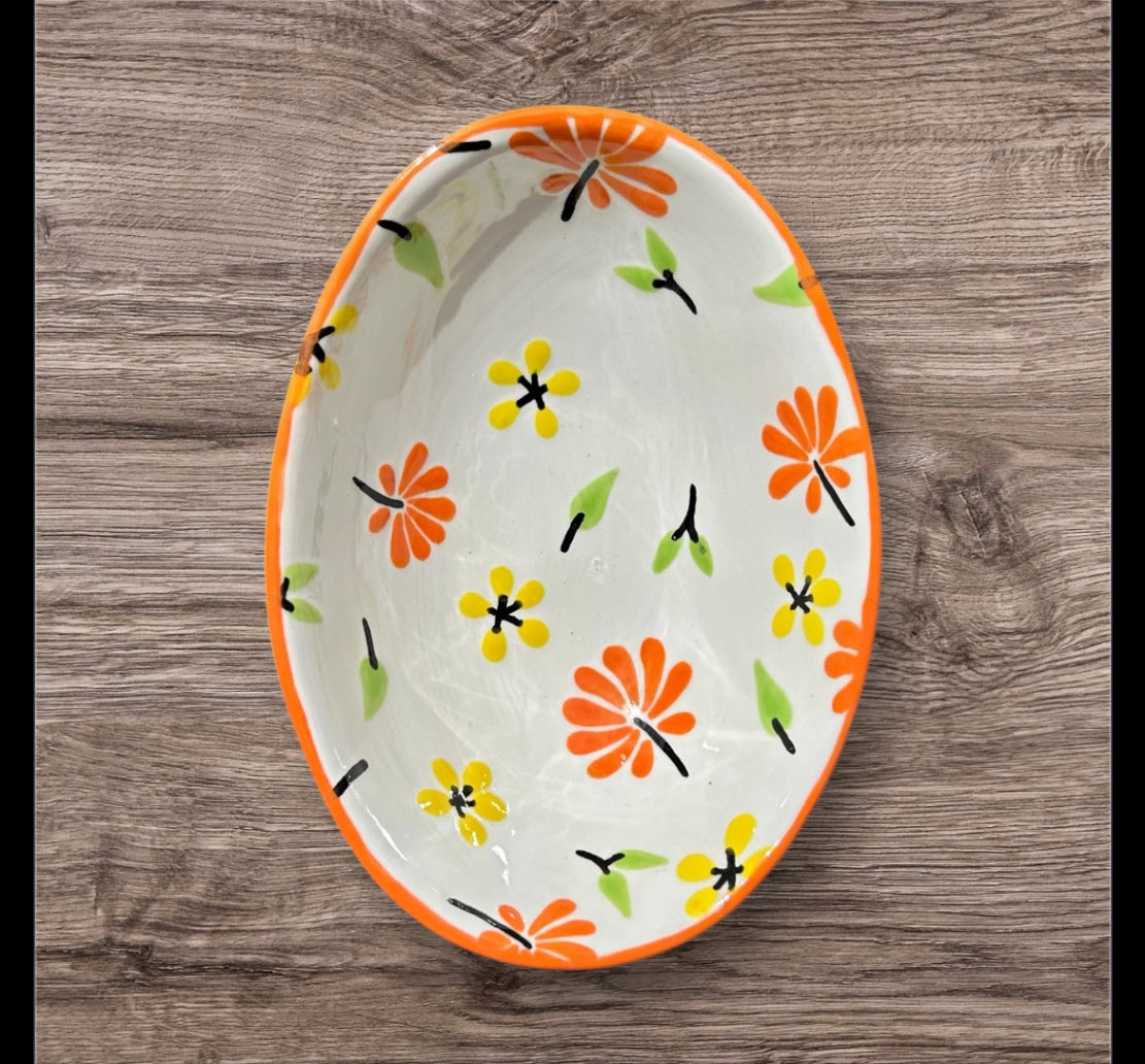 Orange Oval Floral Bowl