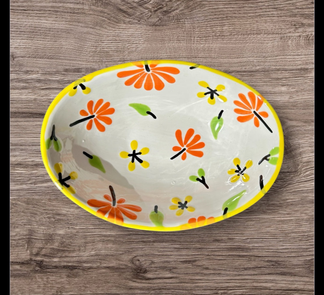 Yellow Oval Floral Bowl