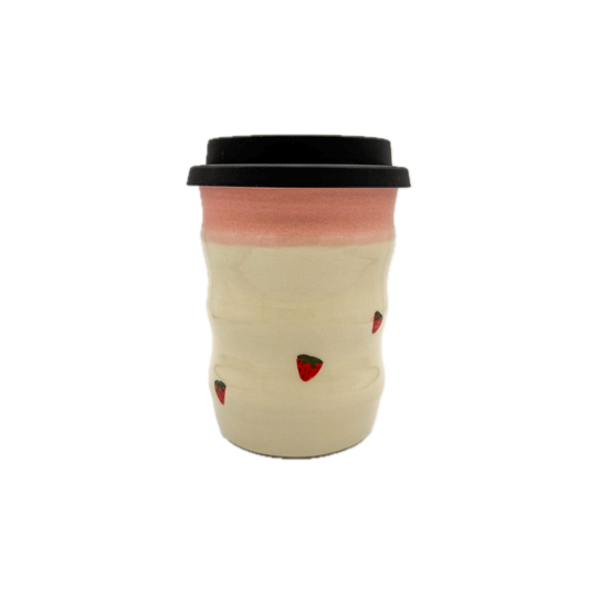 Pastel Pink with Painted Strawberries Travel Mug - Wavy