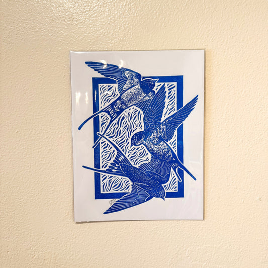 "Three Swallows" 8.5 x 11 Blue on White