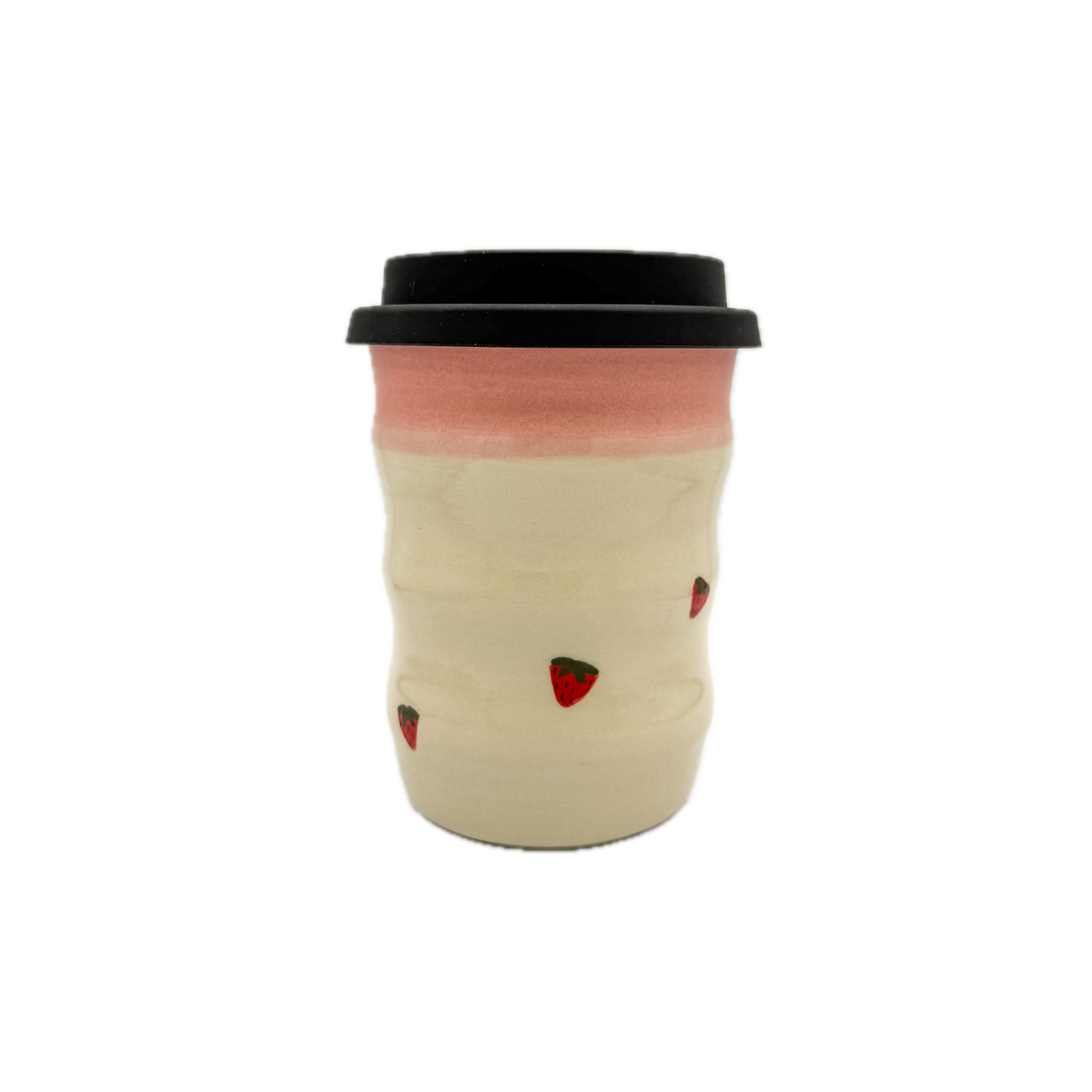 Pastel Pink with Painted Strawberries Travel Mug - Wavy 