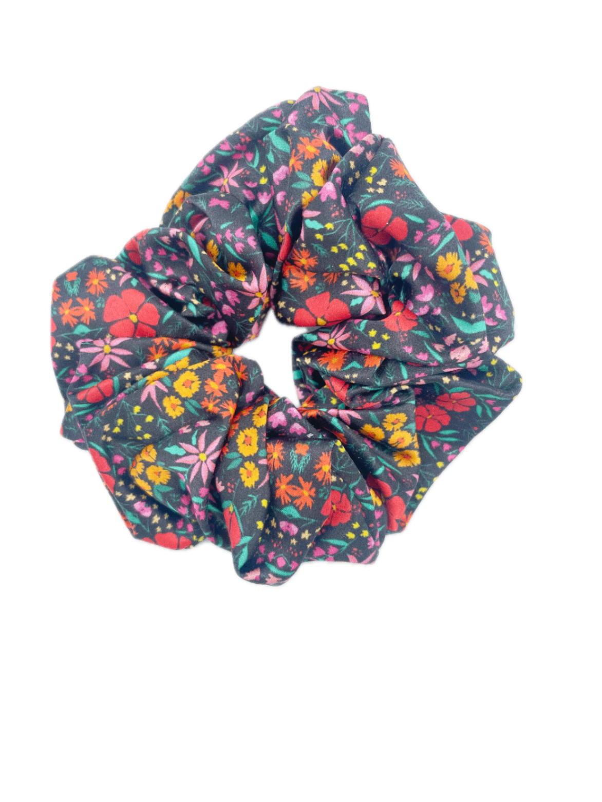 Scrunchie - Black with Multicoloured Flowers