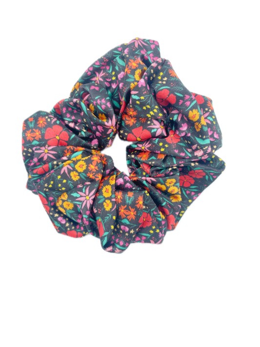 Scrunchie - Black with Multicoloured Flowers