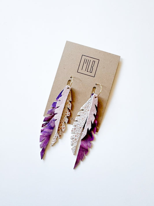 Purple Feather Hoop Earrings