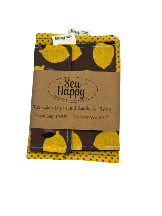 Reusable Snack and Sandwich Bags - Lemons/Polka Dots